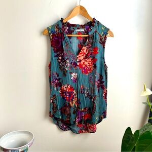 Pink Clover Teal Floral Sleeveless Blouse